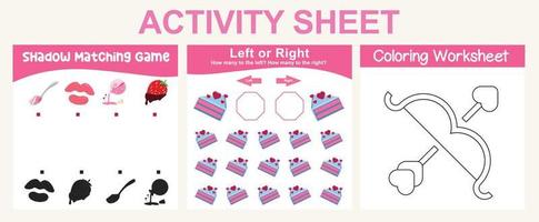 3 in 1 activity sheet for children. Educational printable worksheet. Shadow matching game, tracing lines and coloring activity worksheet. Vector file.