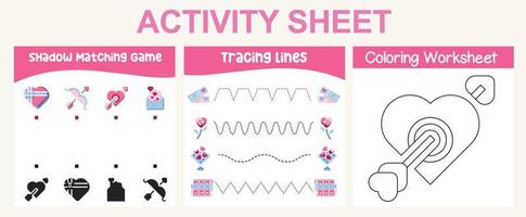 3 in 1 activity sheet for children. Educational printable worksheet. Shadow matching game, tracing lines and coloring activity worksheet. Vector file.