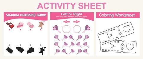 3 in 1 activity sheet for children. Educational printable worksheet. Shadow matching game, tracing lines and coloring activity worksheet. Vector file.