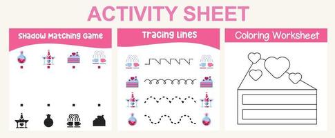 3 in 1 activity sheet for children. Educational printable worksheet. Shadow matching game, tracing lines and coloring activity worksheet. Vector file.