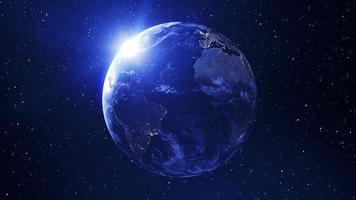 Earth planet in outer space. City lights on planet. Solar system element. photo