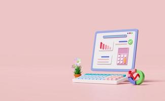 3d financial report charts and graph on laptop screen with search bar, calculator isolated on pink background. Online marketing, business strategy, data analysis, concept, 3d render illustration photo