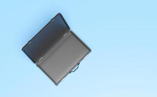 3d Empty black briefcase isolated on blue background. top view, investment or business finance concept, 3d render illustration photo