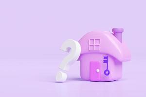 3d purple house floating with key question mark symbol icon isolated on purple background. FAQ, solve home problems concept, 3d render illustration, clipping path photo