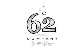 hand drawing number 62 logo icon design for company template. Creative logotype in pencil style vector