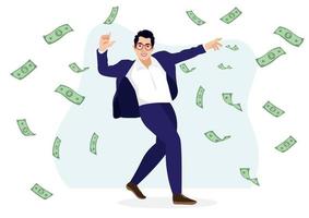 Successful businessman through work he enjoys success Enjoy the money rain. vector illustration