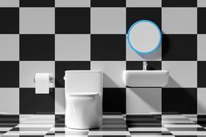 3d white toilet bowl with washbasin, mirror, toilet paper roll in the bathroom. 3d render illustration photo