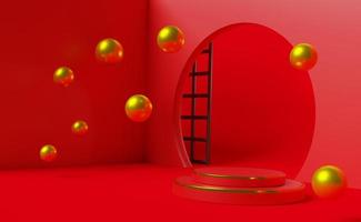 podium empty and ball with screen room divider in red composition for modern stage display and minimalist mockup ,abstract showcase background ,Concept 3d illustration or 3d render photo