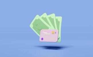 3d credit card icon with money banknote stack isolated on blue background. online shopping, saving money, online payment, business finance, cashless concept, 3d render illustration photo