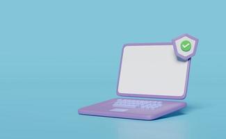 3d purple laptop computer with shield, checkmark isolated on blue background. Internet security or privacy protection or ransomware protect concept, 3d render illustration photo