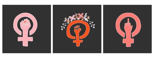 conjunto de tres vectores del símbolo del feminismo. girl power género femenino. boceto dibujado a mano.