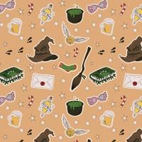 Seamless Pattern with Stickers with magic items. Hat, broom, snitch, potion, cauldron, butterbeer, monster book. vector