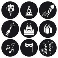 Birthday and celebration icons set. Whie on a black background vector