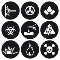 conjunto de iconos de peligro y peligro. blanco sobre un fondo negro