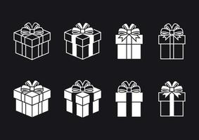 Gift icons set. White on a black background vector