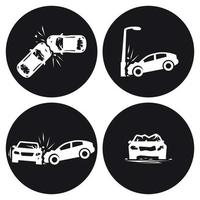 Conjunto de iconos de accidente de coche vectorial de coches estrellados. blanco sobre un fondo negro