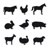 Farm animals silhouettes icons set. Black on a white background vector