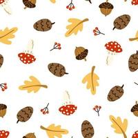 Cute forest seamless vector pattern. Fly agaric, pine cone, acorn, oak leaf, berries texture.