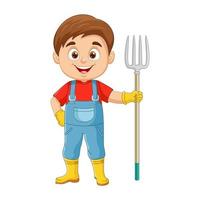 Cute cartoon farmer holding pitchfork vector