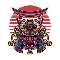 cabeza de máscara de samurai japonés con ilustración de puerta torii vector