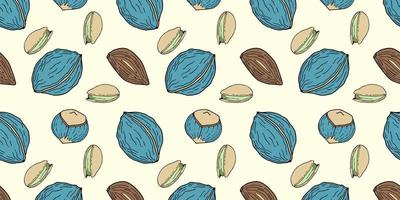 Seamless pattern with blue nuts hand drawn doodle - walnut, hazelnut, almond. vector