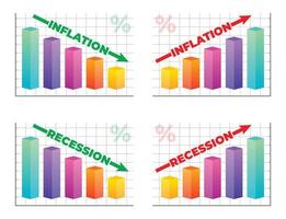 Infografía 3d de barra colorida de inflación y recesión con gráfico de flecha que sube y baja el crecimiento de los negocios financieros y económicos aislados en fondo blanco. vector