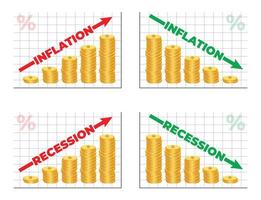 infografía de inflación y recesión con barra de monedas y gráfico de flecha que sube y baja el crecimiento de los negocios financieros y económicos aislados en fondo blanco. vector