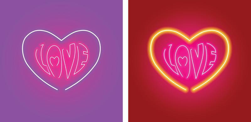 Love Shape and Love text with Neon sign light effect isolated on purple and red background.