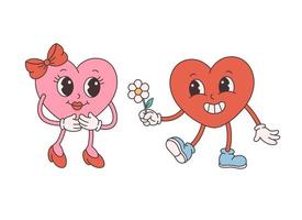 Trendy retro cartoon heart characters. Groovy style, vintage, 70s 60s aesthetics. Valentines day, falling in love. vector