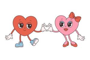 Trendy retro cartoon heart characters. Groovy style, vintage, 70s 60s aesthetics. Happy Valentines day. vector