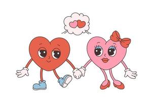 Trendy retro cartoon heart characters. Groovy style, vintage, 70s 60s aesthetics. Happy Valentines day. vector