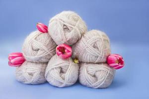 Group of gray wool of yarn and thread with pink tulip on blue background. Knitting, hobby, winter. Copy space. International women's and mother's day, 8 March, birthday photo