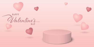 feliz día de san valentín con podio en blanco para la presentación del producto y globos de corazón rosa flotando sobre fondo rosa. tarjeta de felicitación del día de san valentín. vector