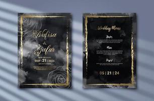 Luxurious wedding invitation with gold floral decoration and abstract black background. Aesthetic invitation template with beautiful decoration vector