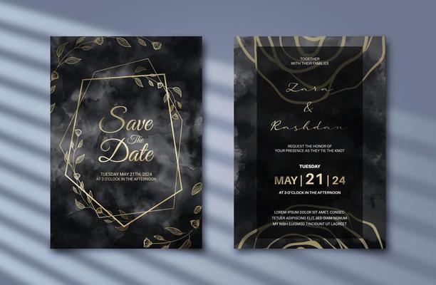 Luxurious wedding invitation with gold floral decoration and abstract black background. Aesthetic invitation template with beautiful decoration