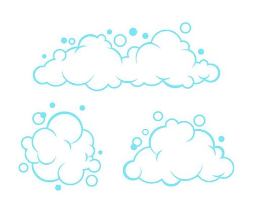 Soap foam set with bubbles. Carton light blue suds of bath water, shampoo, shaving, mousse. Vector outline illustration isolated on white background.