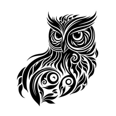 Cute ornamental owl portrait. Monochrome vector for logo, emblem, mascot, embroidery, woodburning, crafting.