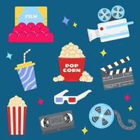 Set of cinema and movie items. Colorful stickers with camera, 3D glasses, video cassette, cine film, camera and delicious popcorn. Cartoon flat vector collection for print.