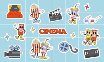 Stickers set of cinema staff in trendy retro cartoon style illustration, vintage character vector art collection.