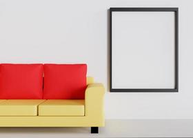 Design 3d rendering of sofa and photo frame mockup