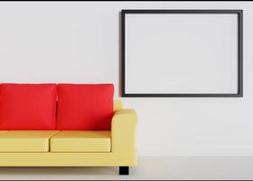 Design 3d rendering of sofa and photo frame mockup