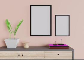 Design 3d rendering of cupboard and photo frame mockup