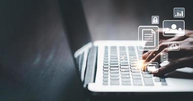 Online documentation database and process automation to efficiently manage files, IT staff working with Document Management System DMS, Corporate business technology. Cognition on modern management. photo