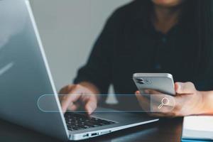 Search Engine Optimization SEO, data searching technology. business hands typing on laptop computer keyboard to search the information via internet web browser. Browsing social networking interface. photo