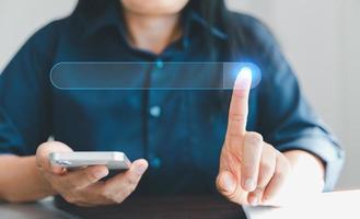 Search Engine Optimization SEO, data searching technology. business hands typing on smart phone keyboard to search the information via internet web browser. Browsing social networking interface. photo