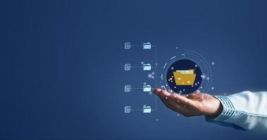 Online documentation database and process automation to efficiently manage files, IT staff working with Document Management System DMS, Corporate business technology. Cognition on modern management. photo