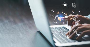 Online documentation database and process automation to efficiently manage files, IT staff working with Document Management SystemDMS, Corporate business technology. Cognition on modern management. photo