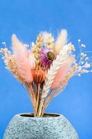 bouquet of dried plants in vase close up on blue photo