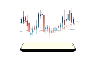 digital currency gold coins It is enclosed around a digital currency chart with bars candlestick patterns alternating up and down with smartphone screen on background. 3d render png