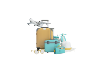 concepto de viaje y aventura y salida en verano, rodeado de equipaje, cámara, gafas de sol, sombrero con scooter y avión y mapa del mundo. tonos pastel en forma de banner web. dibujos animados -3d render